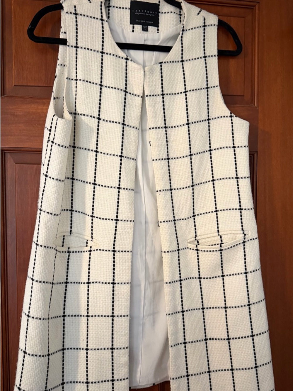 Sanctuary Black and White Windowpane Tweed Sleeveless Coat
